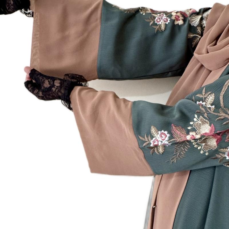 Sage Green Embroidery Abaya/Occasion Wear Modest Outfit /Muslim Abaya/Woman Fashion/Hijab styles/ Floral 3