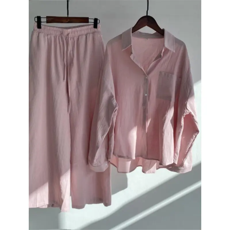 Autumn Women's Clothing 2025 New Fashionable Retro Cotton Linen Shirt High Waist Loose Long Sleeved Lace Up Pants Two-piece Set 1