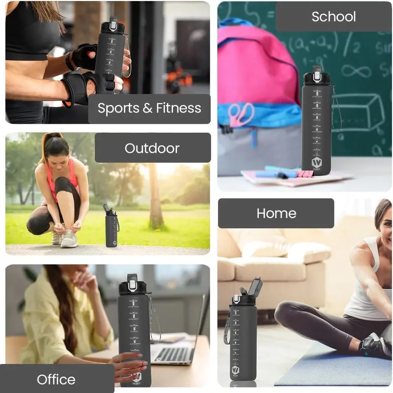 1 Litre Fitness Sport Water Bottles with Straw & Time Maker, BPA-free Plastic Bottle 1 Design for Girls, Boy Running, cycling (Spout 1000ml Black), Drinkware, Washable, Reusable, Portable, Tumbler, Bottles, Mug, Cup Cover Lid Silicone Translucent Bottled 1