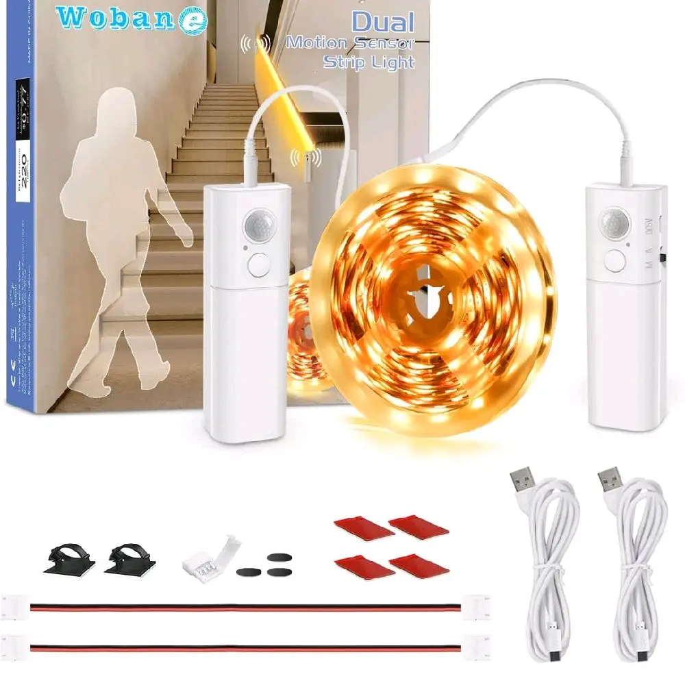 LED Light Strip with PIR Motion Sensor, Battery Powered LED Light Strip, LED Ambient Light for Wardrobe, Cabinet, Stairs (Batteries Not Included)