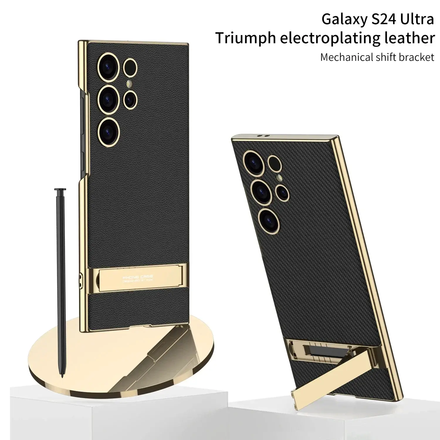 For Samsung Galaxy S24 Ultra S24Ultra Case Luxury Electroplated Gold Border Plain Leather Bracket Shockproof Cover Accessories Protective Casing Phonecase Protection Screen Protector Smartphone Cellphone
