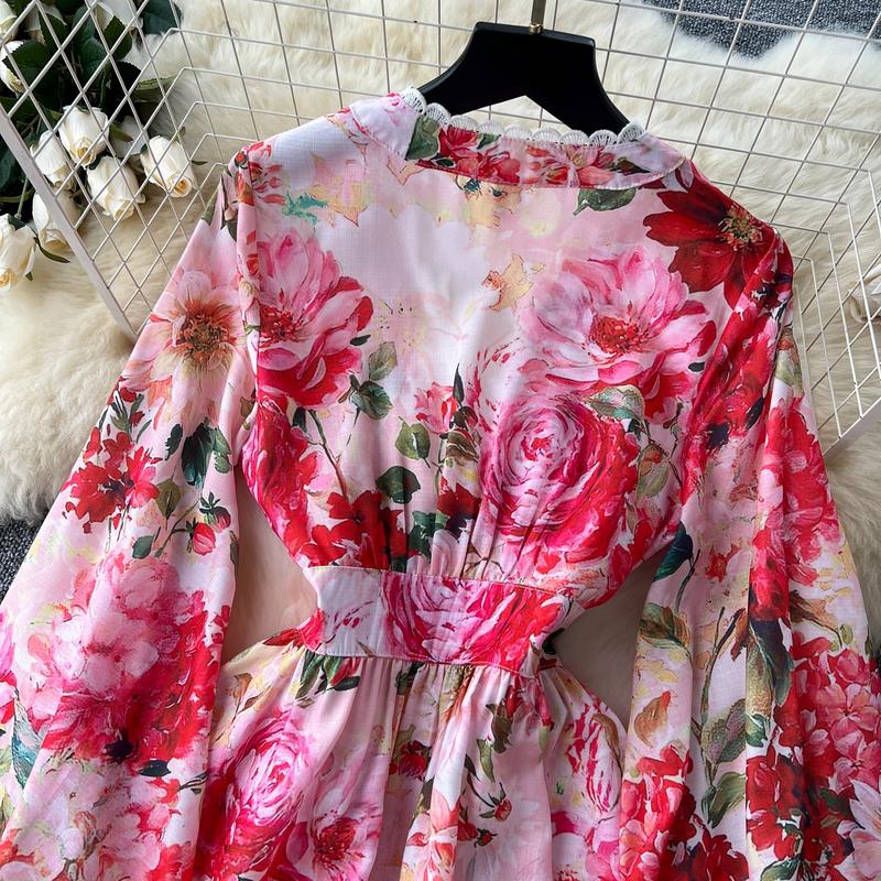 High-end Floral Dresses Women V-neck Stitching Dress Long Maxi Dress 2