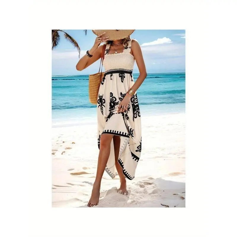 Tribal Print Square Neck Tank Dress, Casual Sleeveless Shirred Tank Dress for Spring & Summer, Women's Clothing