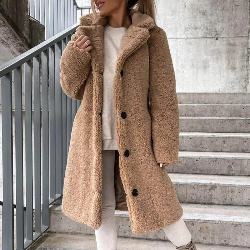 Trendy Women Overcoat Autumn Winter Women Trench Coat Long Style Pure Color Single-breasted Teddy Jacket  Windproof Womenswear Collar