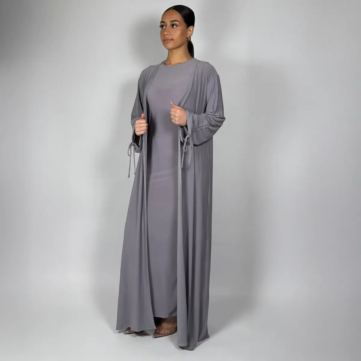 kafti Elegant Modest Grey Ramadan Abaya With Matching Slip Dress - Tie-Sleeve Open Abaya Set Womenswear