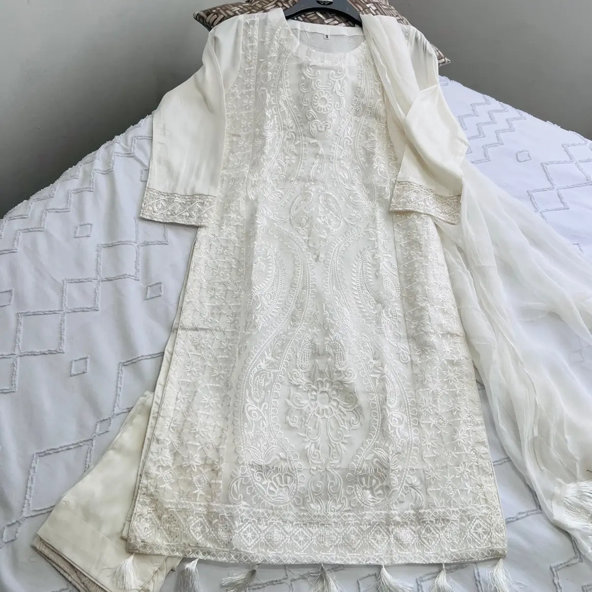 Full thread-work Organza shirt , white 3pc with plain dupatta and plain trouser  Casual Womenswear Comfortable Outfit