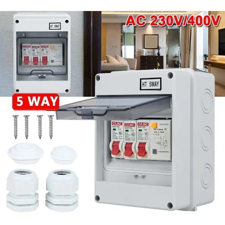 5 Way Garage Shed Camper Van Caravan Consumer Unit Fuse Box with RCD and 2 x MCB