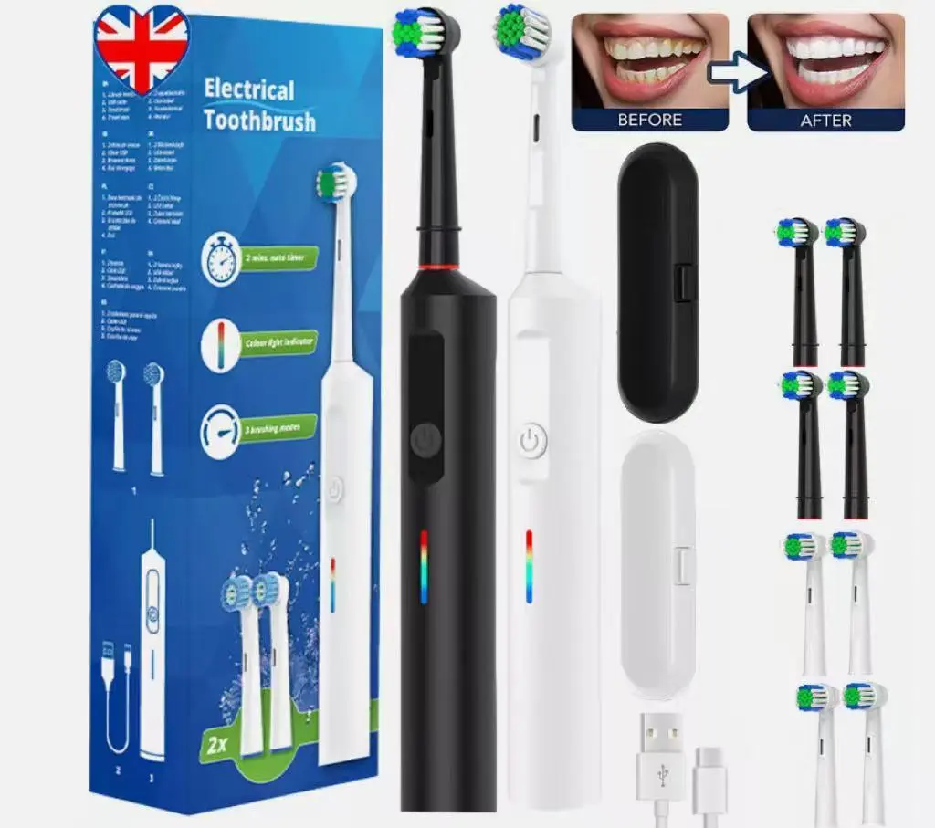 Toothbrush Electric Rechargeable Pro Rotating Brush Heads Timer Modes Usb