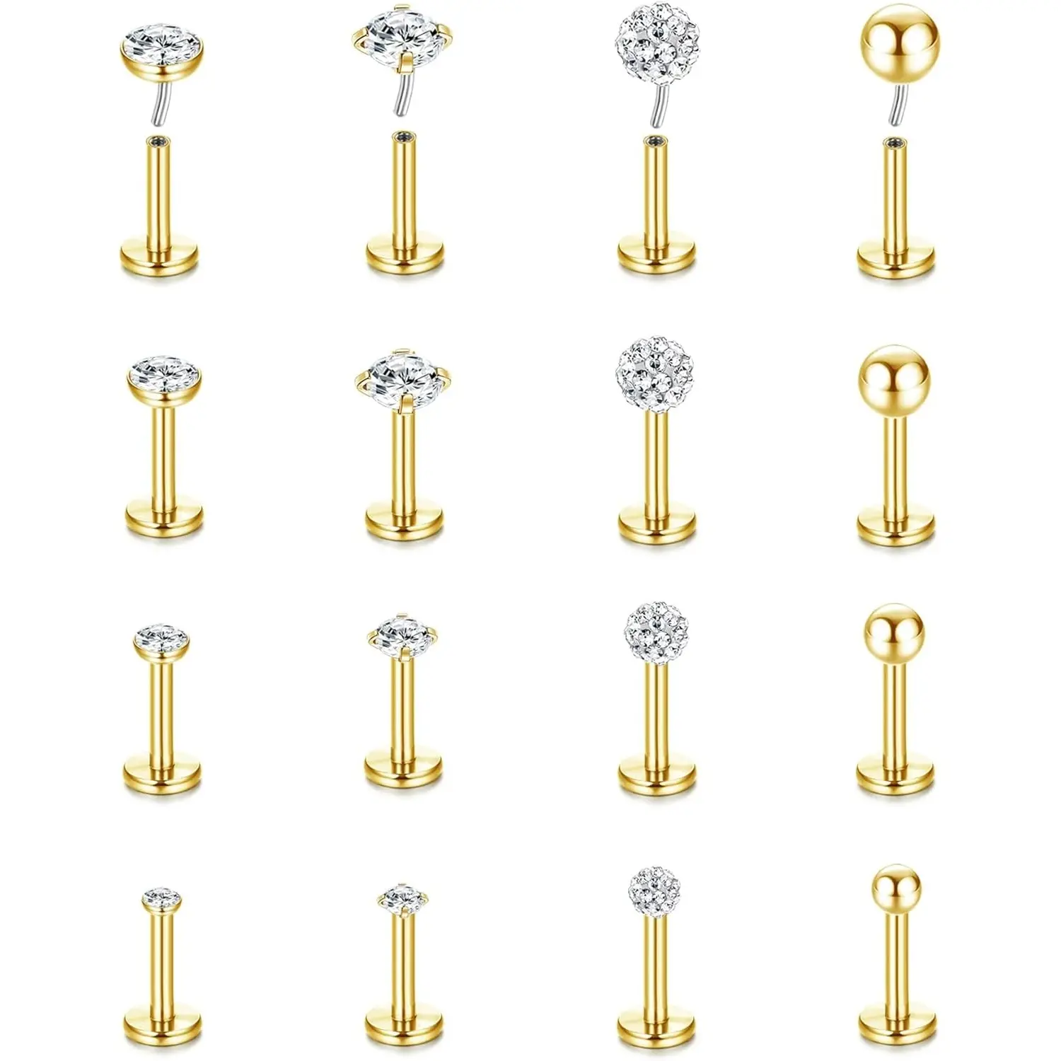 MILACOLATO 16G Tragus Nose Studs 316L Stainless Steel Lip Labret Medusa Piercing Bar Silver Gold CZ Round Ball Cartilage Lobe Earring Push In Flat Back Piercing Jewellery For Women Men 16Pcs 6mm 8mm