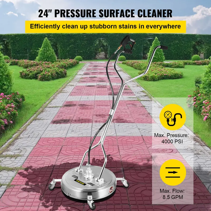 VEVOR  24 Inch Surface Cleaner Pressure Flat Surface Cleaning 4000 PSI Max Working Pressure Flat Surface Cleaner Stainless Steel Rotating Surface Cleaner with Wheels Power Washer Floor Scrubber 1
