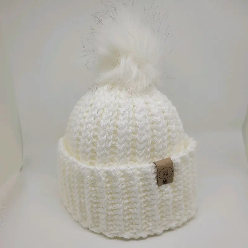 Handmade Crochet Hat with Detachable Faux Fur Pom Pom, Chunky Acrylic Yarn for Adults 1