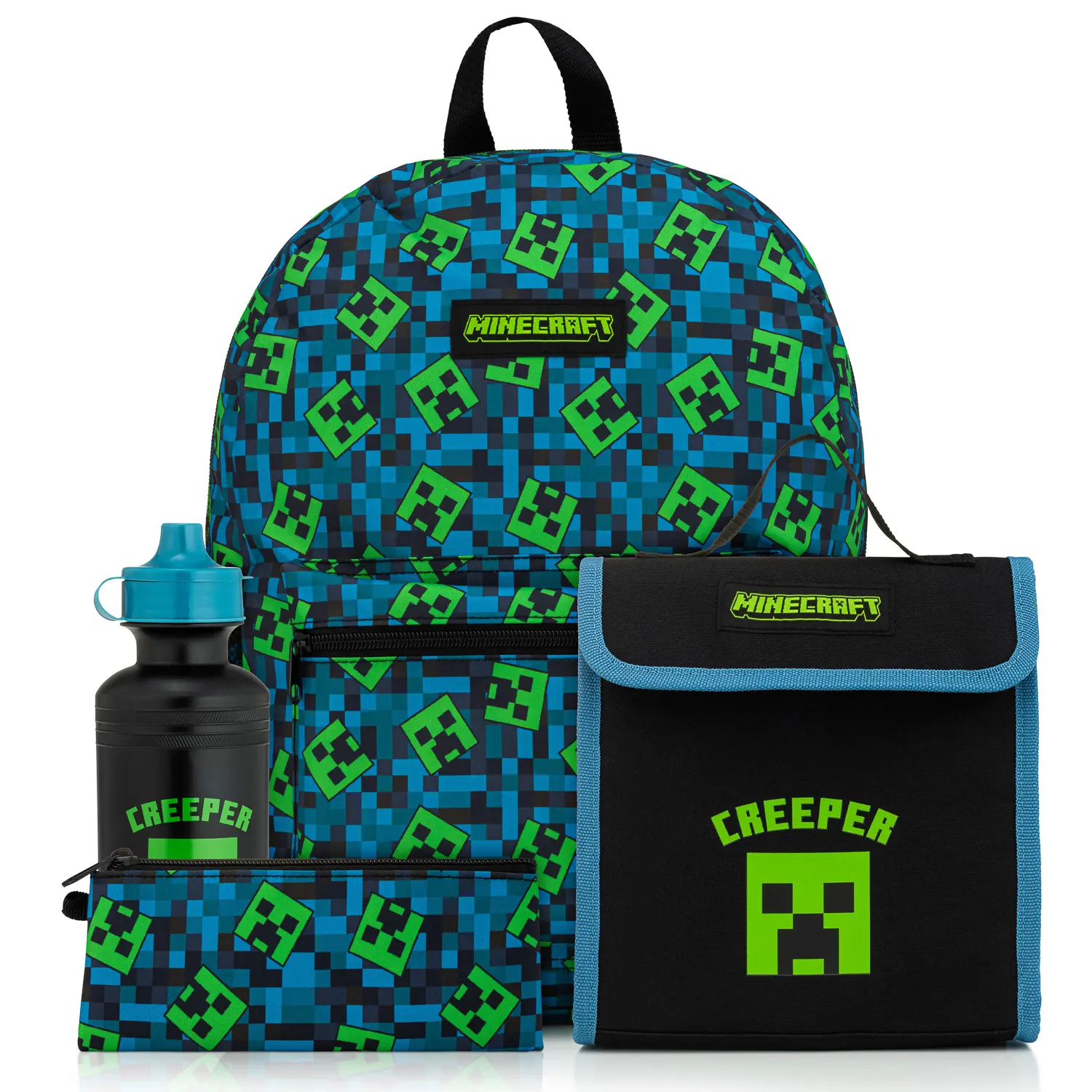 Minecraft Backpack 4 Piece School Set Including Lunch Bag, Water Bottle and Pencil Case, Official Minecraft Merchandise