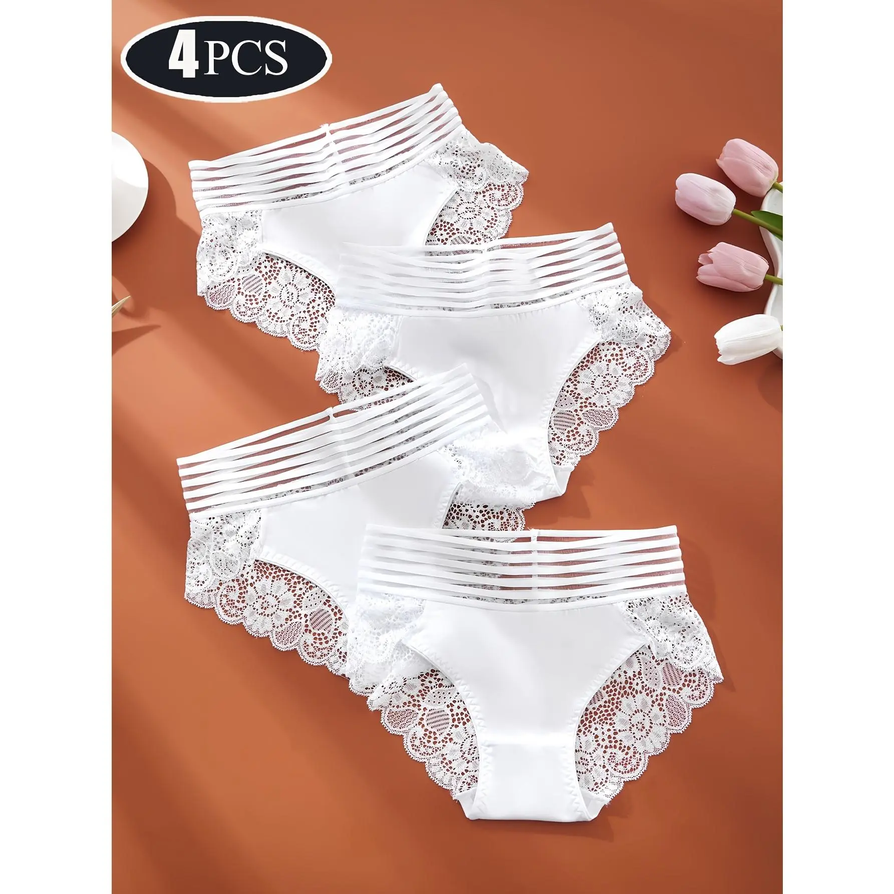 4pcs Women's Lace Briefs | Mid-Rise Nylon & Elastane Blend | Semi-Sheer, Breathable Underwear with Floral Lace Detail | Comfort Fit | Elegant White | Stylish and Sexy Design, Lace Trim