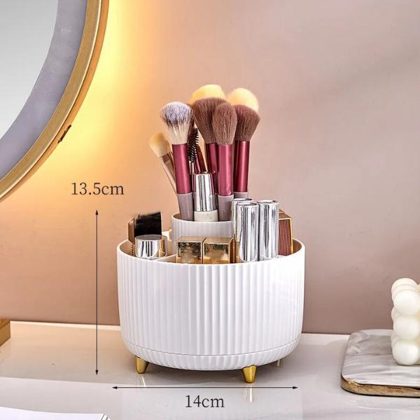 360 Rotating Makeup Organizer - 1pc Plastic Cosmetic Storage with 5 Compartments - Multi-Functional Holder for Brushes, Lipsticks, Skin Care Products, and Stationery - Durable Unscented Desk Caddy with Luxury Stripe Design Boxes black 6