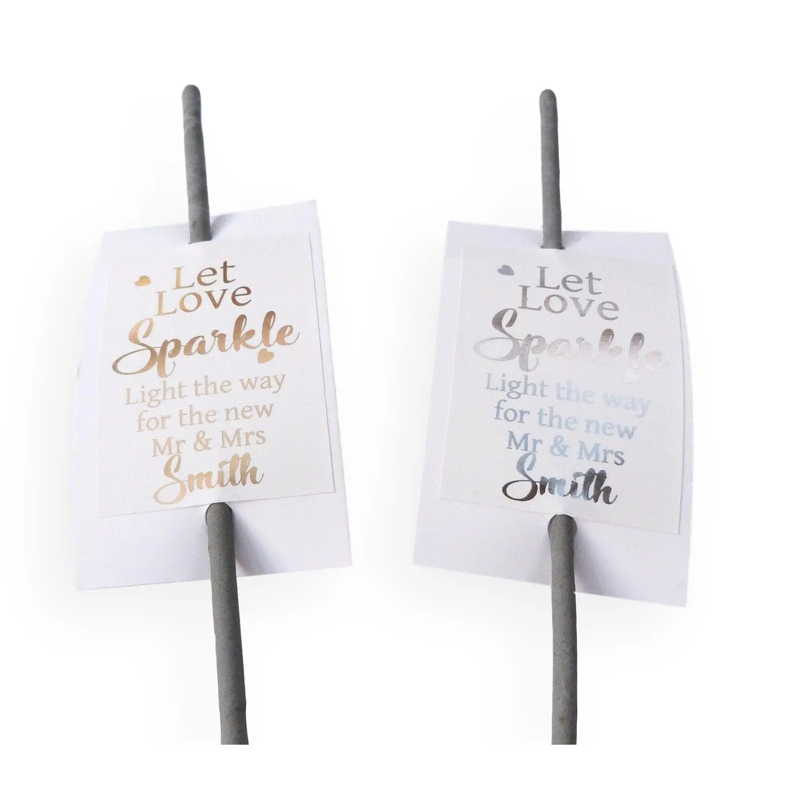 50 x Gold Silver foil printed let love sparkle wedding sparkler tags personalised surname