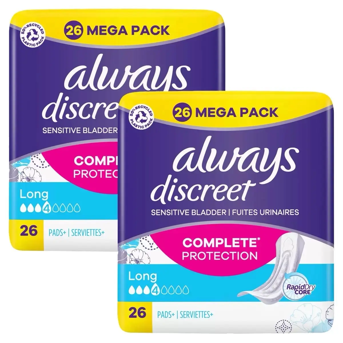 tampons Always Discreet Long Plus Pads, 2 x 26 Pack (52 Pads) Sensitive Bladder, Complete Protection, Comfort, Leak Guard, Odour Lock, Ultra thin, Women’s pads, Multipack, Jumbo Pack softcare pad and