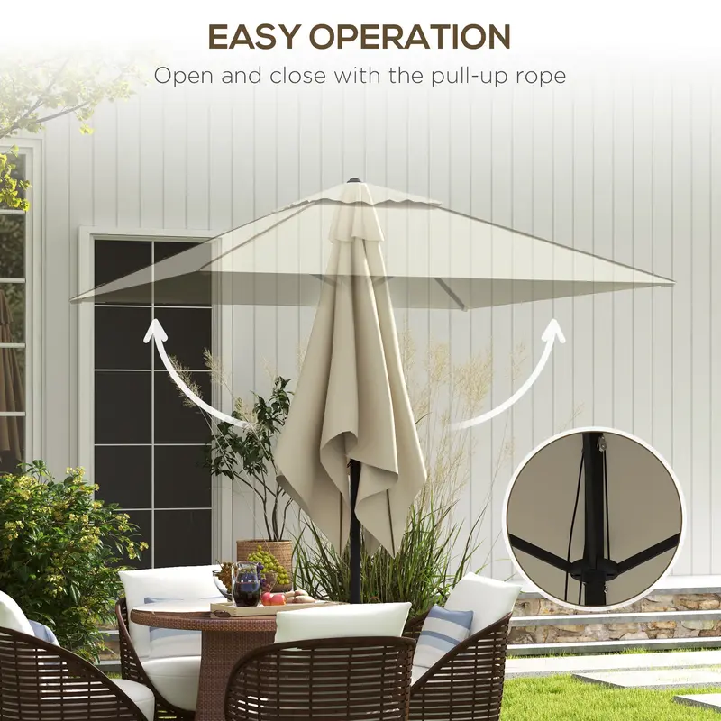 Outsunny Garden Parasol Umbrella with Vent, Outdoor Market Table Umbrella Sun Shade Canopy with 4 Ribs, Piping Side, 2x2m, Beige 2