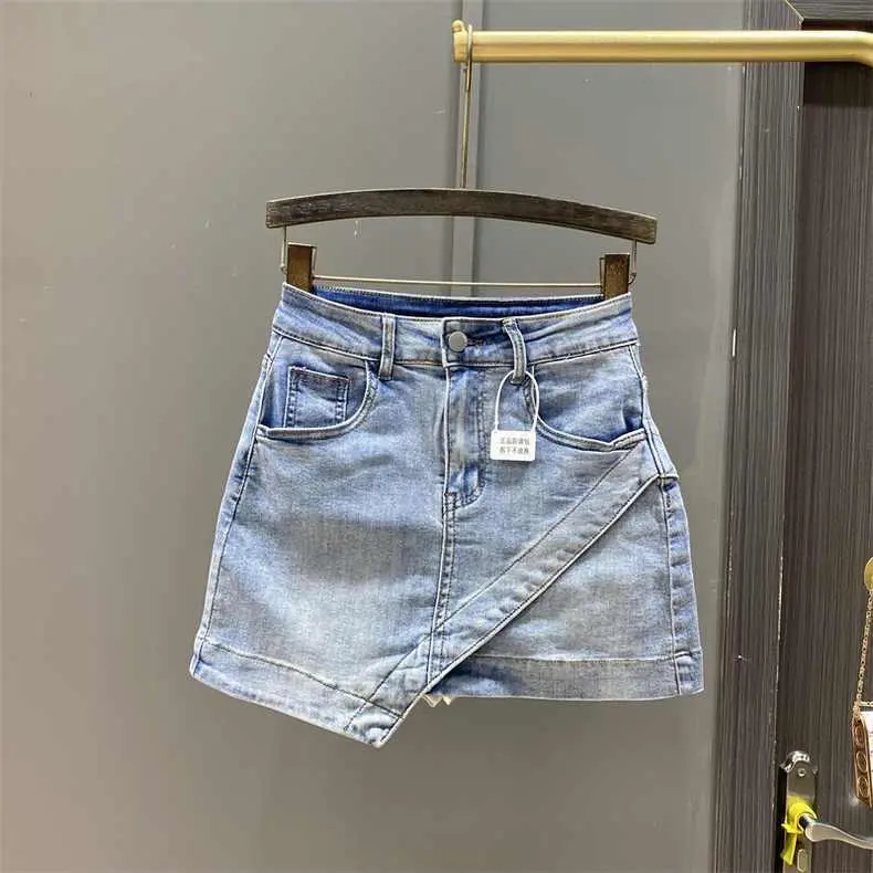 Irregular high waisted denim short skirt for women, anti glare summer 2024 new A-line slim wrap hip skirt Womenswear Bottom
