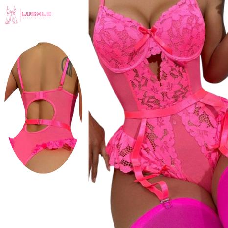 Floral Lace Bow Front Underwire Corset Teddy Bodysuit with Stockings, Lingerie Sexy Thong Womenswear Bra christmas  lingerie Elegant Mesh 2