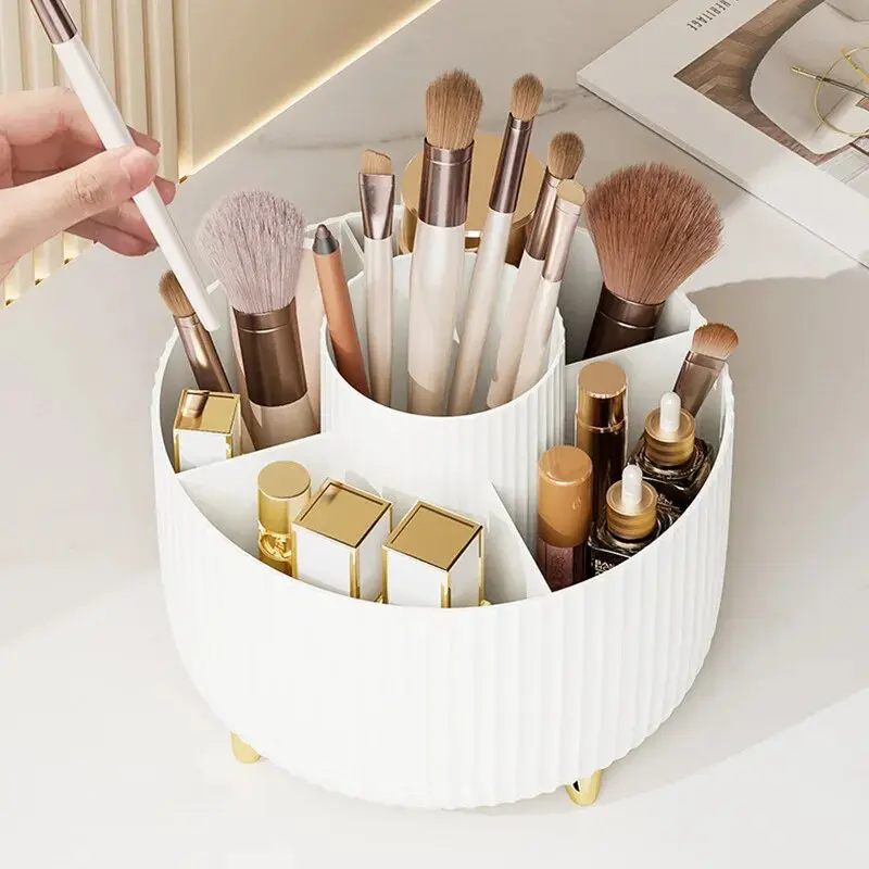 360 Rotating Makeup Organizer - 1pc Plastic Cosmetic Storage with 5 Compartments - Multi-Functional Holder for Brushes, Lipsticks, Skin Care Products, and Stationery - Durable Unscented Desk Caddy with Luxury Stripe Design Boxes black 8