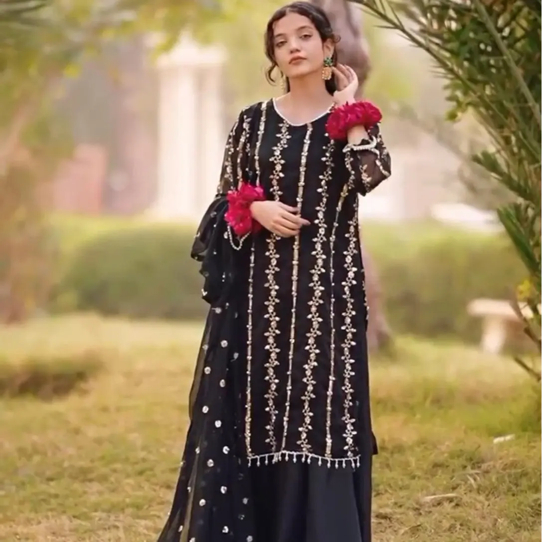 Kit Kat Chiffon Embroidered Black Kameez With Trouser - | PD-1114-6| Wedding Boat Neck Elegant