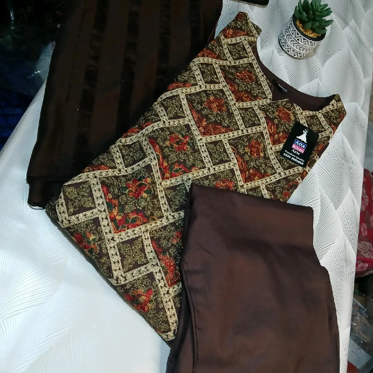 S/ M/ L/XL BROWN 3 pc dhanak embr suit with valvet dhanak shawl