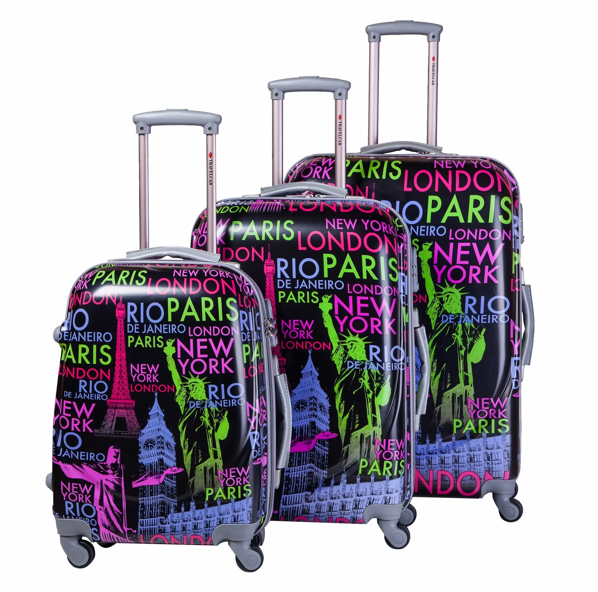 Hard Shell Suitcase 4 Cities Design Print New York Paris London Rio De Janeiro Set of 3 Small Cabin Hand Luggage Medium Large Size Travel Holiday Bag Bags