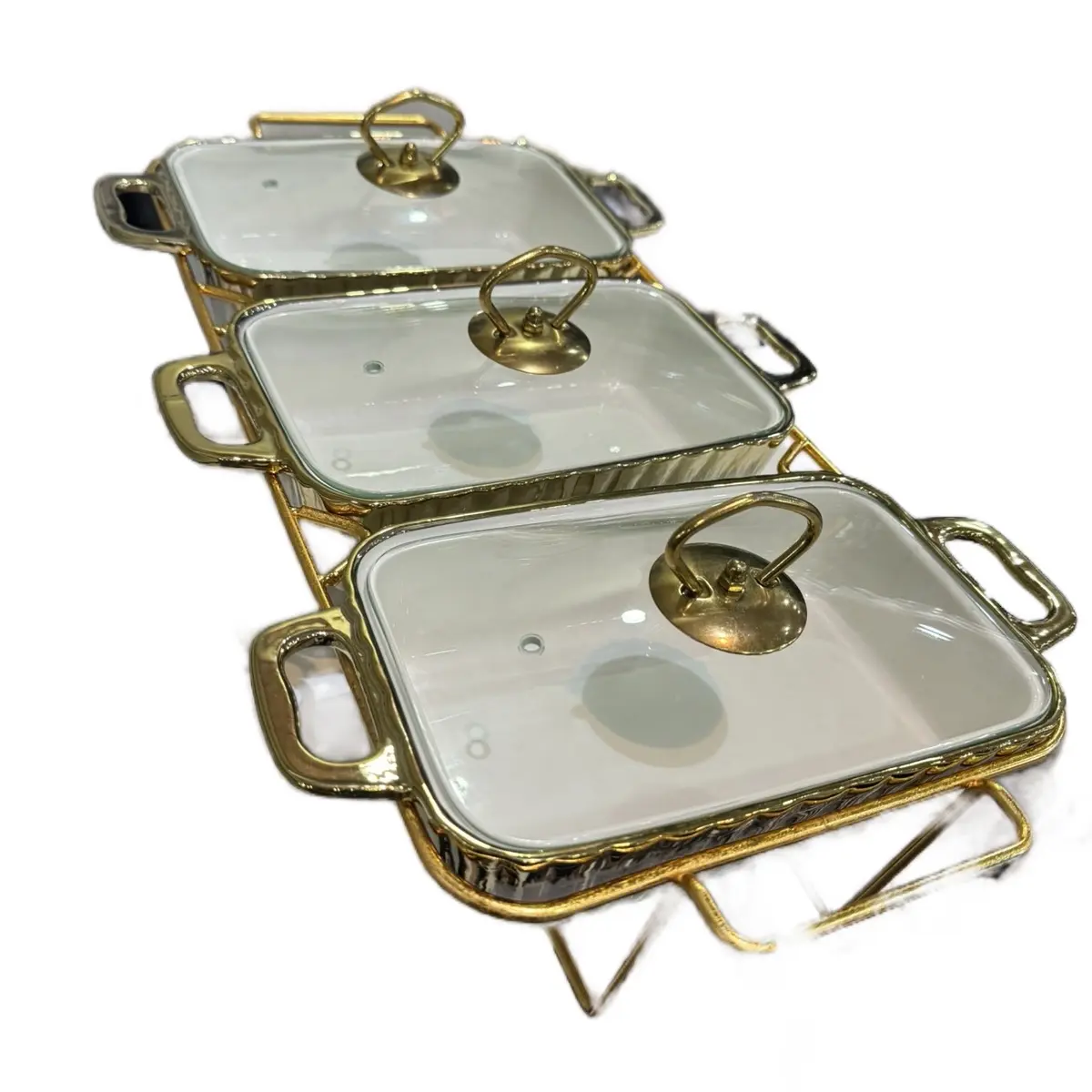 3 Pieces Rectangular Porcelain Golden White Buffet Dishes with Lovely Stand for Home Decor and Keeping Food Warm - Plates Serving Stylish Set tableware