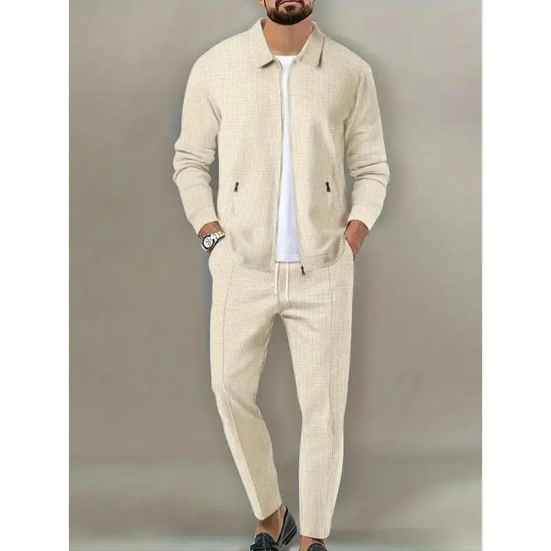 【2025】Sporty Two-Piece Set Men's Plain Zip Up Jacket & Drawstring Waist Pants Tracksuit Set, Sports Long Sleeve Collared Outerwear & Pocket Elastic Waist Trousers, Men's Sportswear for Gym Workout Running