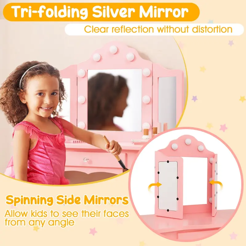 COSTWAY Kids Vanity Table and Stool Set with Real Glass Tri-Folding Mirror and Drawer 8