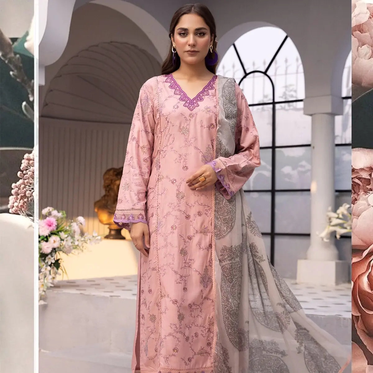 Simrans Pink Stitched Ethnic Lux Linen Embroidered Dress for Women - Casual and Elegant - Elegance
