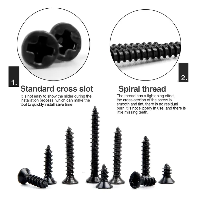 800 Pcs M2 Self Tapping Screw Kit Small Black Carbon Steel Self Drilling Screws Tiny Wood Screw Flat Countersunk Cross Head Screws Assortment Set for Wood Soft Metal Plastic 4/5/6/7/8/10/12/16 mm 2