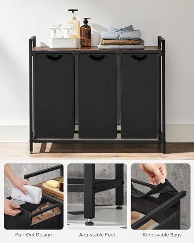 Large Industrial Wooden/Metal Laundry Hamper Basket Bin Organiser 3 x Removable Bags (30L Each) 3