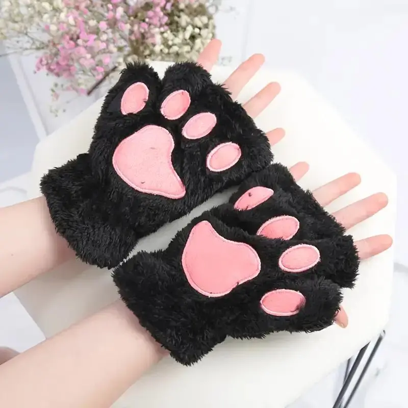 Cozy Plush Half Finger Gloves with Cat Claw Design, Soft and Warm Winter Gloves for Women 4