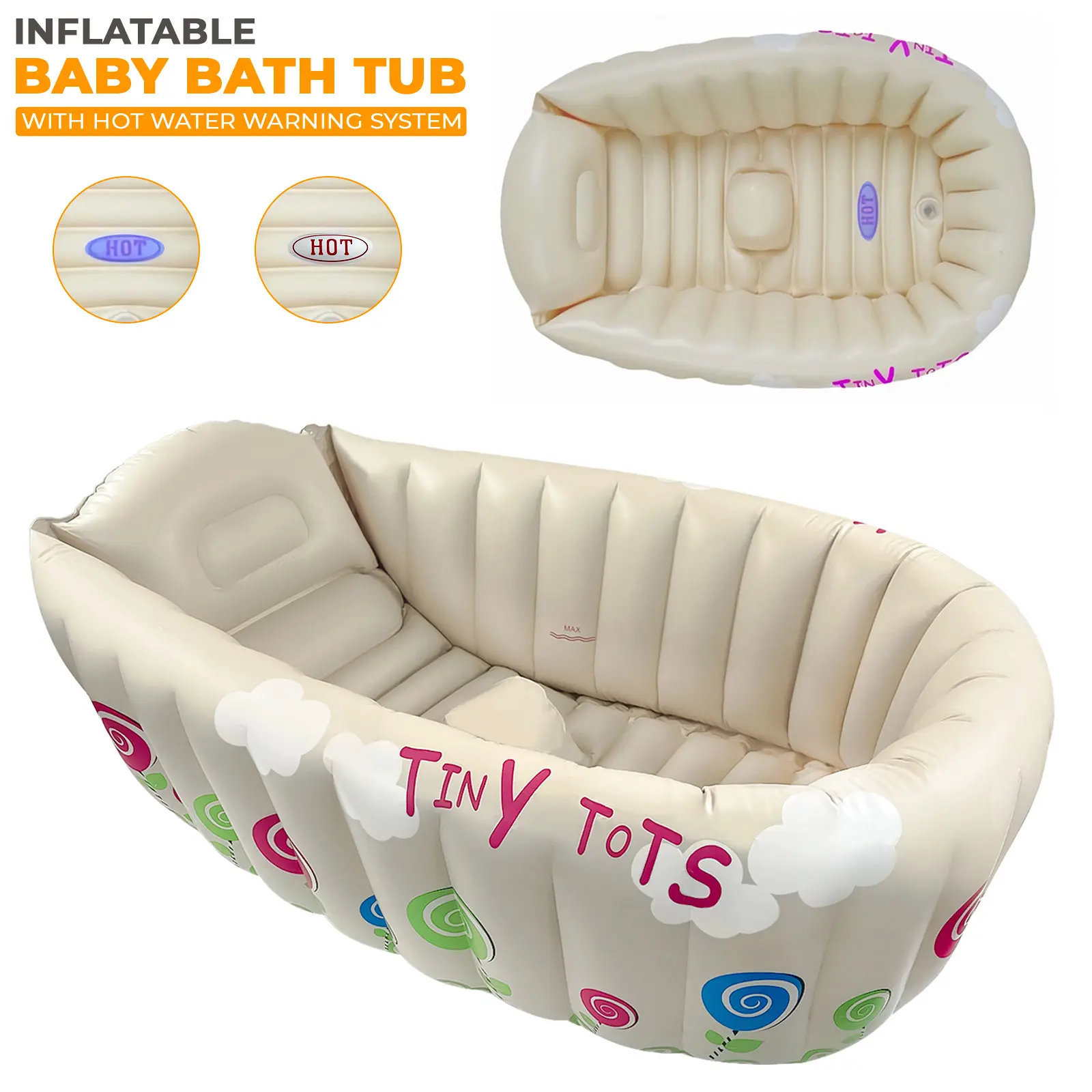 Inflatable Baby Bath Tub with Heat Sensor & Water Drain Valve - Tiny Tots Hot Tub
