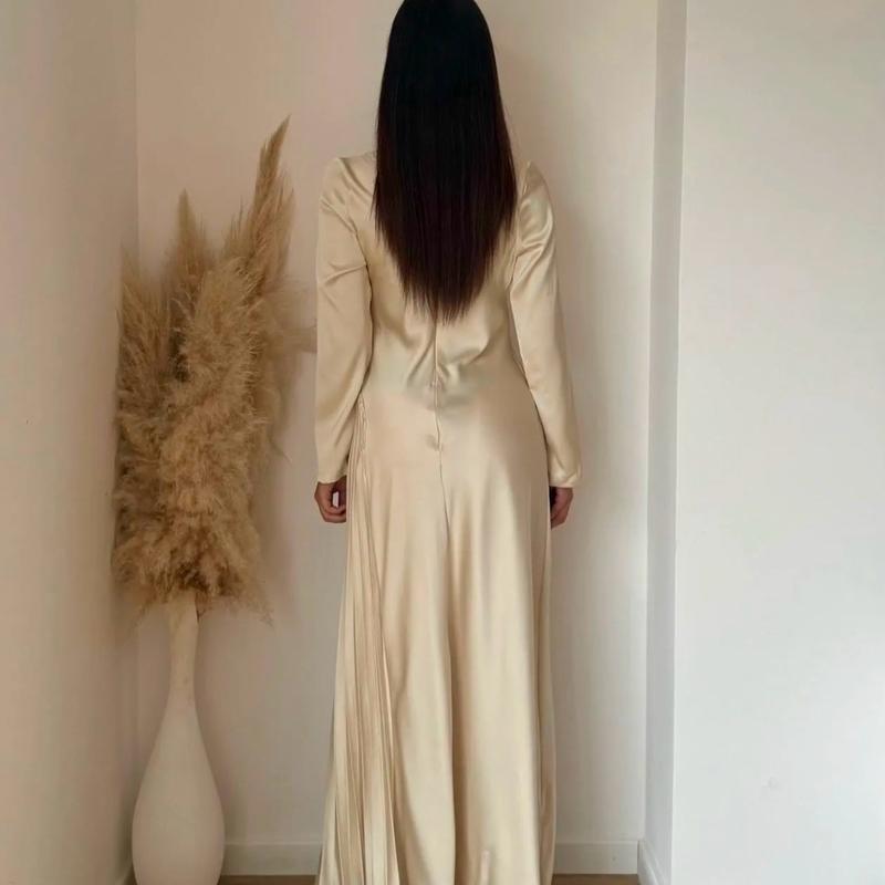 Women's Satin Dress with Pleated Design for Casual Wear - Womenswear Minimalist Maxi Comfort Long Sleeve party Christmas new years 3