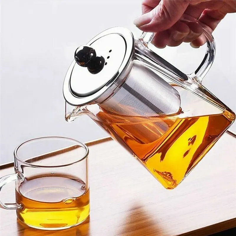 Square Glass Teapot with Infuser with Lid 350 ml, 550 ml, 750 ml - Borosilicate Tea Pot for Loose Tea, Clear Leaf Herbal Teapot with Strainer for Microwavable and Stovetop Safe - Transparent, Clear Steel Filter Teacup 4