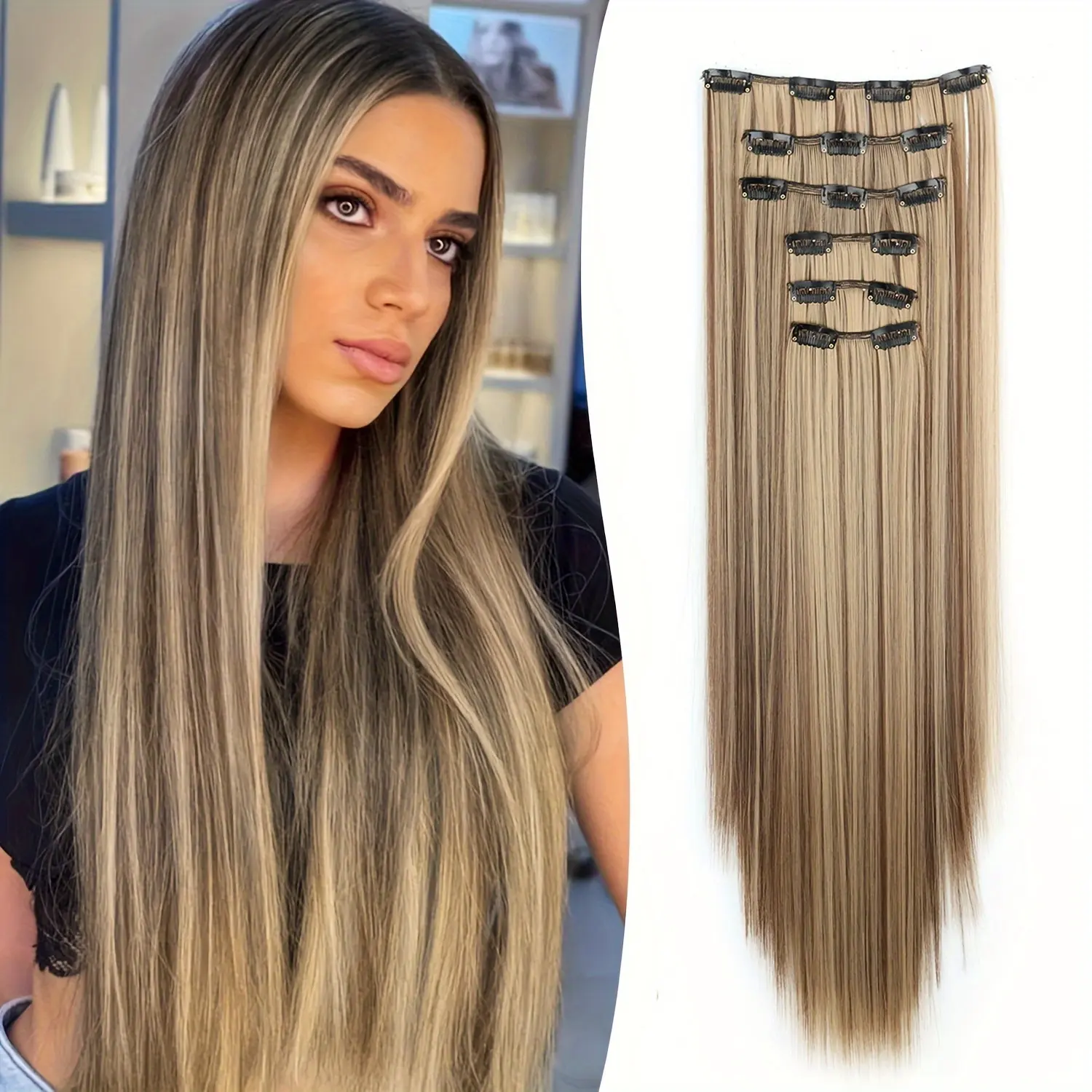 Heat Resistant Fashionable 6pcs Set 24-Inch Clip-In Hair Extensions for Women, Synthetic Hair, Long Straight Hair Volume Enhancer, Suitable for Daily Wear, Halloween, Christmas
