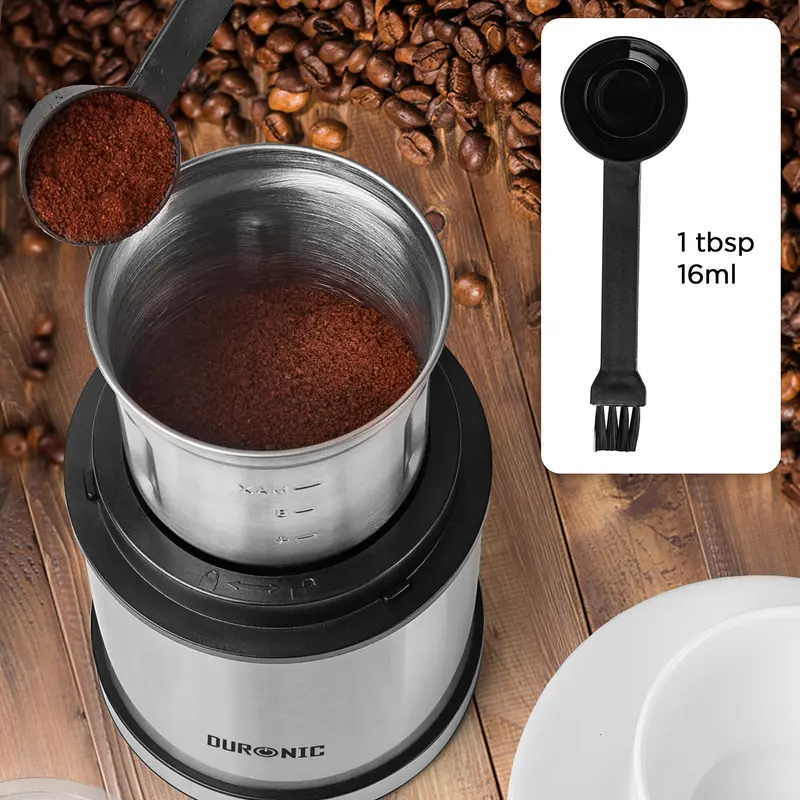 Duronic Electric Blade Coffee Grinder CG421, 2 in 1 Spice Grinder Kitchen Machine, Wet & Dry Grinding Mini Mill Hopper, 75g/220ml, 200W, 2x Stainless Steel Cups for Beans, Herbs, Nuts 6
