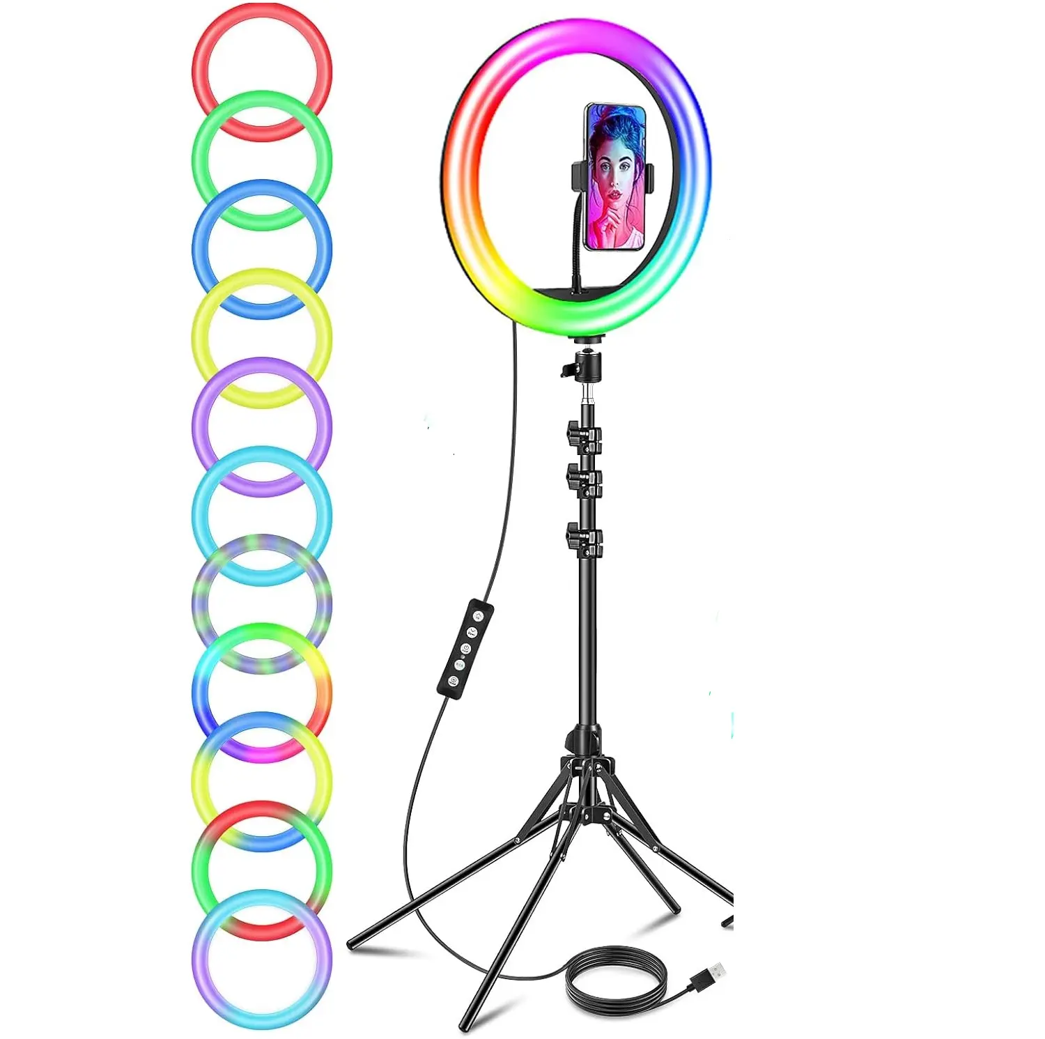 12'' Soft Ring Light + RGB - DUAL MODE- with Tripod Stand Tall 177cm/70'', LED Selfie Circle Ringlight for Makeup YouTube, Floor/Desk USB Halo Lamp