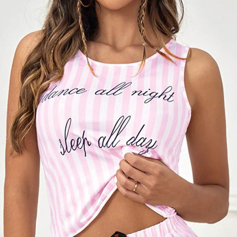 Vouzle 2PCS/Set Women Pyjamas Tie-Dye Printed Vest Shorts Erotic Lingerie Striped with Letters Fashion Sexy Lace Suspenders Homewear Nightwear Comfort 4