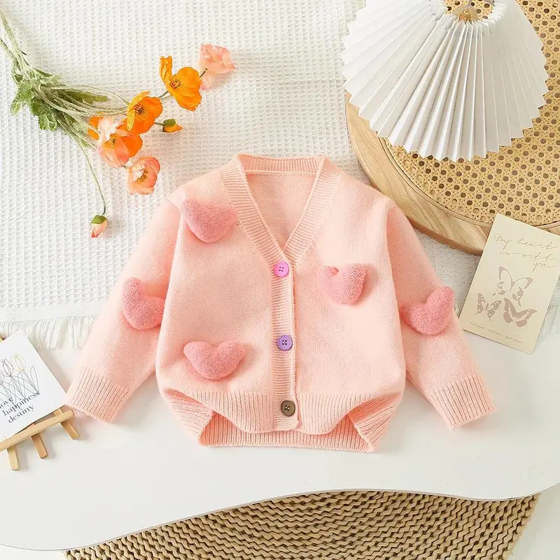 2-7Y Girls Clothing Set 3D Heart Sweaters And Tulle Skirts 2 PCs Knit Suits Girls Knit Cardigans 5