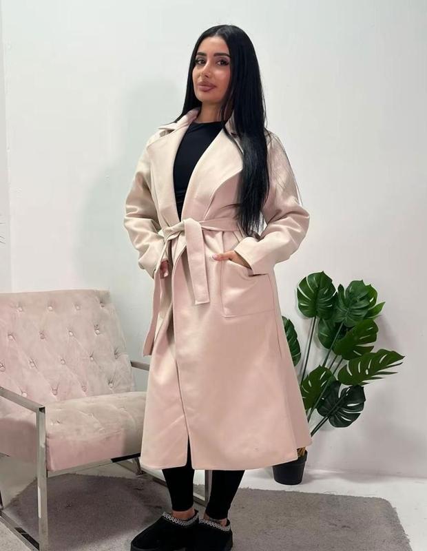 Womens Casual Long Sleeve Lapel Collar 2 Front Pockets Tie Up Long Coat Ladies Outdoor Winter Warm Belted Waist Trench Duster Long Coat Jacket 3