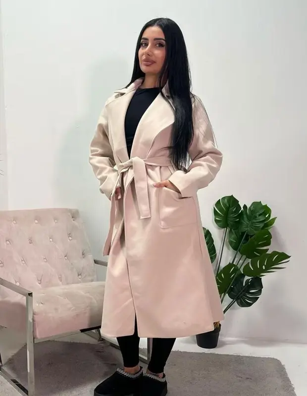 Womens Casual Long Sleeve Lapel Collar 2 Front Pockets Tie Up Long Coat Ladies Outdoor Winter Warm Belted Waist Trench Duster Long Coat Jacket 3