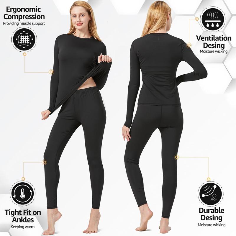 Womens Thermal Underwear Set,Crew Neck Long Sleeved Base Layer Top & Leggings Multifunctional Home Thermal Base Layers for Sports Skiing Womenswear Comfort Basic Black Minimalist 1