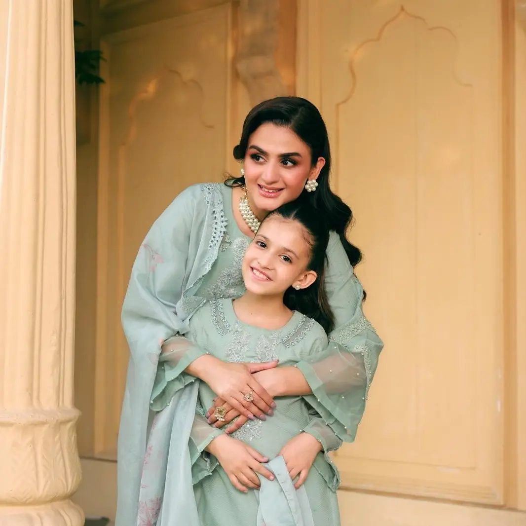 ALLAY Green Jacquard 3pc Suit with Organza Dupatta for Mother and Daughter - Festive/Party Wear