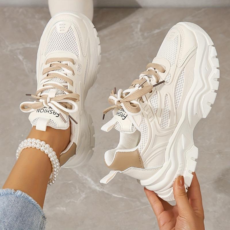 Product Introduction of Women's Lightweight Chunky Sneakers - Casual Height-Boosting, Waterproof, All-Season Low-Top Lace-Up Shoes in Beige & White with Breathable Mesh Upper and Rubber Sole 2
