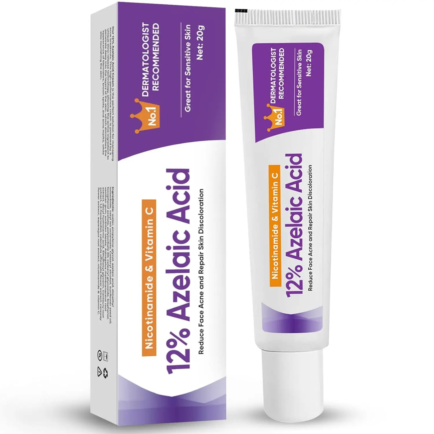 Advanced Brightening 12% Azelaic Acid Cream – Dermatologist Approved for Acne, Rosacea, Dark Spots, Inclusive for All Skin Types, Niacinamide & Vitamin C Enriched, 20g