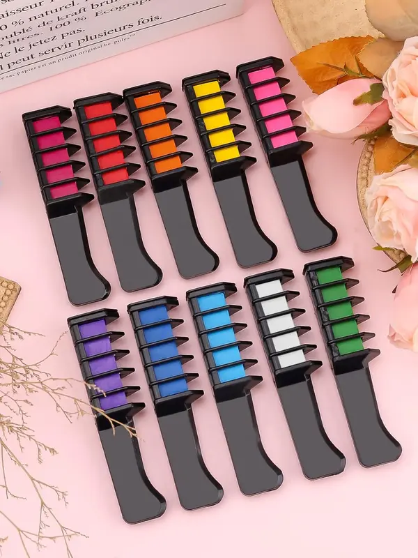 10 Pieces Non Permanent Temporary High Quality Colour , Non Toxic & Wet or Dry Hairs Temporary Hair Chalk, Washable Color Hair Comb, Rainbow Hair Dye Chalk Comb for Birthday, Masquerade, Cosplay DIY Decorate Best Gift For Kids Girls, Boys & Adults 8