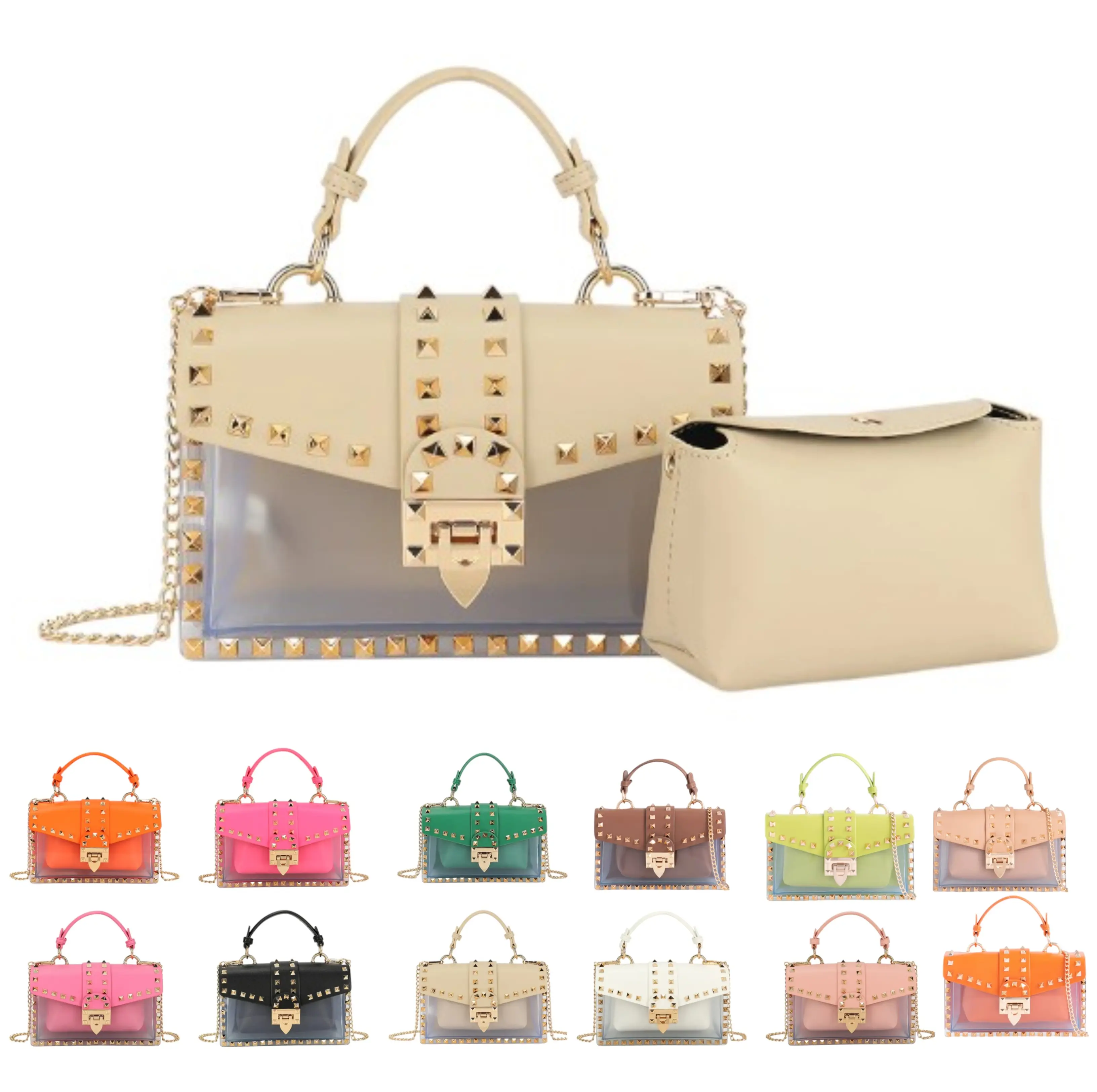 Women's Luxury Studded Top Handle Shoulder Bag Crossbody Chain Party Handbag with Pouch - Perfect for Parties and Special Occasions
